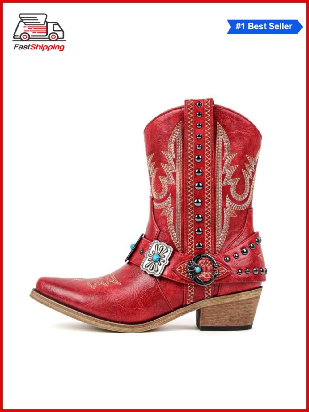 ✨ Western Cowgirl Ankle Boots Faux Leather Pointed Toe Block Heel Studded